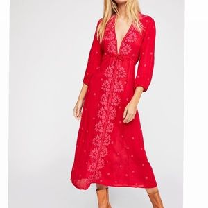 Embroidered Fable Midi Dress in Red with Pink Embroidery